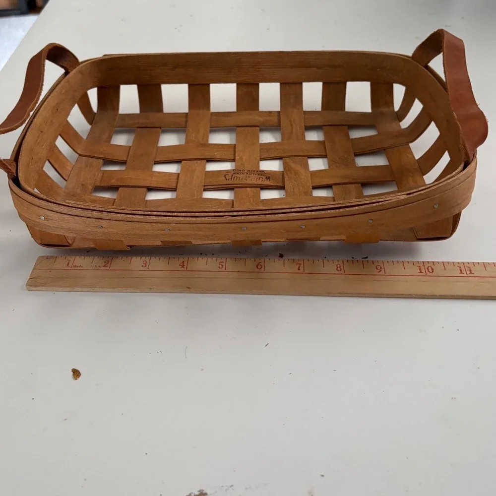Workshops of Gerald E Henn Woven Wood Basket Leather Handles Rectangular Tray